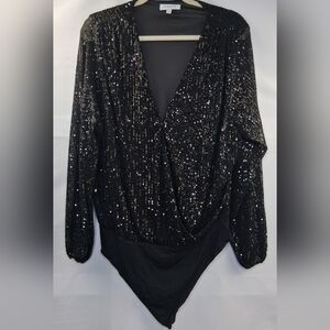 Gilli Faux Wrap Black Sequin Women's Top Bodysuit Size 1X